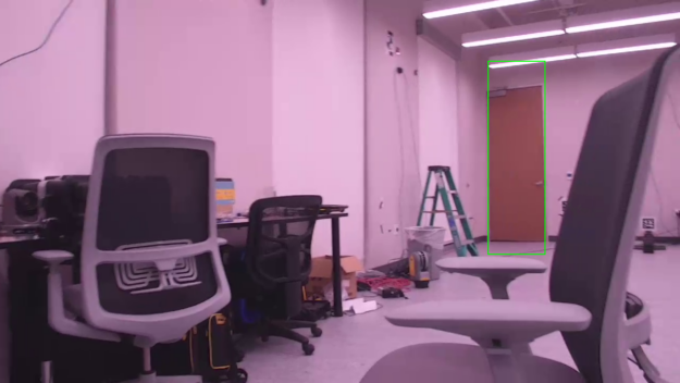 Indoor rooms and hallways with multiple doors and objects like chairs, desks, potted, ladder, elevator and potted plants showing final model’s accurate predictions of green bounding boxes.